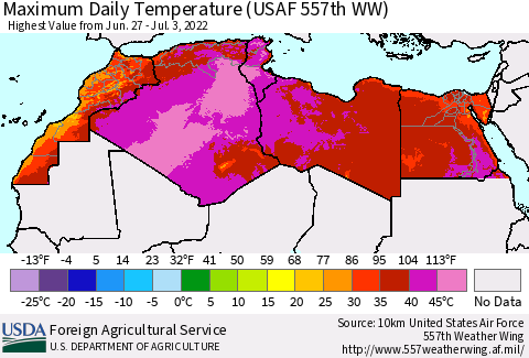 North Africa Maximum Daily Temperature (USAF 557th WW) Thematic Map For 6/27/2022 - 7/3/2022