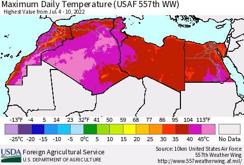 North Africa Maximum Daily Temperature (USAF 557th WW) Thematic Map For 7/4/2022 - 7/10/2022