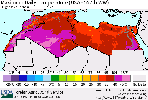 North Africa Maximum Daily Temperature (USAF 557th WW) Thematic Map For 7/11/2022 - 7/17/2022