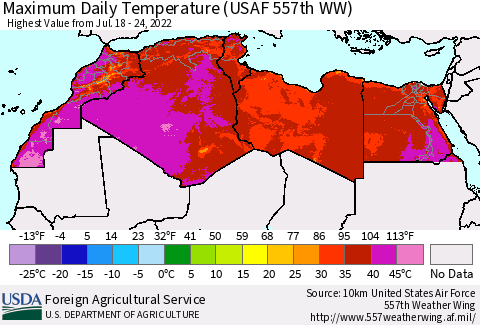 North Africa Maximum Daily Temperature (USAF 557th WW) Thematic Map For 7/18/2022 - 7/24/2022