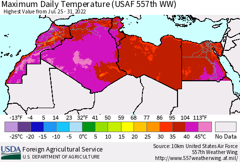 North Africa Maximum Daily Temperature (USAF 557th WW) Thematic Map For 7/25/2022 - 7/31/2022