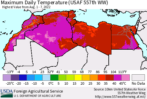 North Africa Maximum Daily Temperature (USAF 557th WW) Thematic Map For 8/1/2022 - 8/7/2022