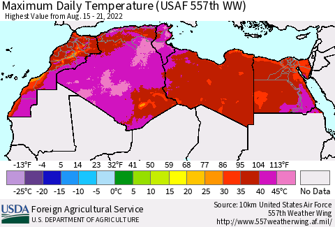 North Africa Maximum Daily Temperature (USAF 557th WW) Thematic Map For 8/15/2022 - 8/21/2022