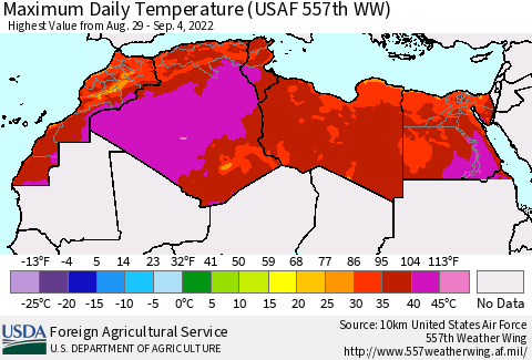 North Africa Maximum Daily Temperature (USAF 557th WW) Thematic Map For 8/29/2022 - 9/4/2022