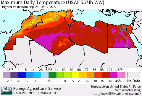 North Africa Maximum Daily Temperature (USAF 557th WW) Thematic Map For 9/26/2022 - 10/2/2022