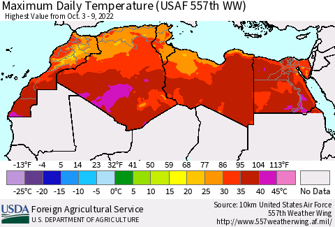 North Africa Maximum Daily Temperature (USAF 557th WW) Thematic Map For 10/3/2022 - 10/9/2022