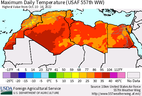 North Africa Maximum Daily Temperature (USAF 557th WW) Thematic Map For 10/10/2022 - 10/16/2022