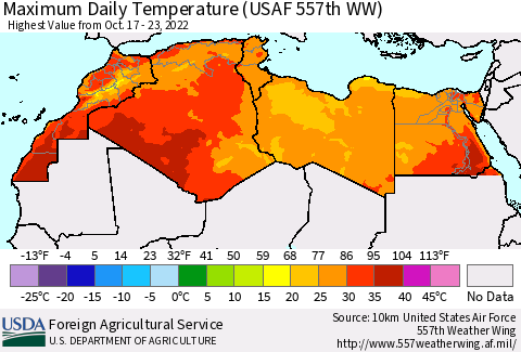 North Africa Maximum Daily Temperature (USAF 557th WW) Thematic Map For 10/17/2022 - 10/23/2022