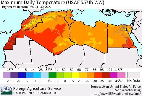 North Africa Maximum Daily Temperature (USAF 557th WW) Thematic Map For 10/24/2022 - 10/30/2022