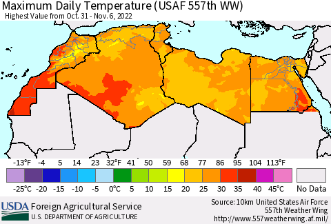 North Africa Maximum Daily Temperature (USAF 557th WW) Thematic Map For 10/31/2022 - 11/6/2022