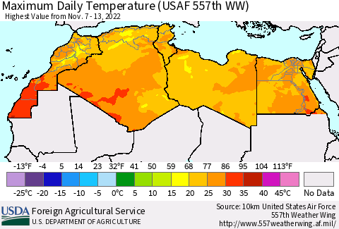 North Africa Maximum Daily Temperature (USAF 557th WW) Thematic Map For 11/7/2022 - 11/13/2022