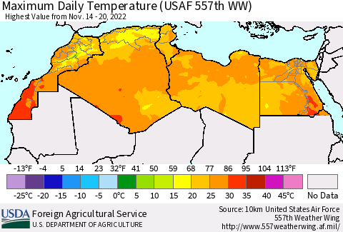 North Africa Maximum Daily Temperature (USAF 557th WW) Thematic Map For 11/14/2022 - 11/20/2022