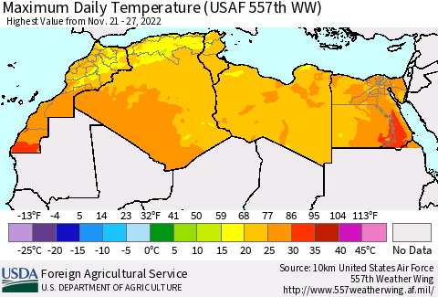 North Africa Maximum Daily Temperature (USAF 557th WW) Thematic Map For 11/21/2022 - 11/27/2022