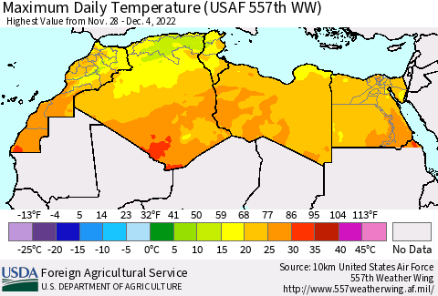 North Africa Maximum Daily Temperature (USAF 557th WW) Thematic Map For 11/28/2022 - 12/4/2022
