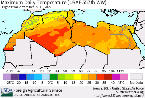 North Africa Maximum Daily Temperature (USAF 557th WW) Thematic Map For 12/5/2022 - 12/11/2022