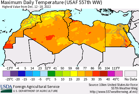 North Africa Maximum Daily Temperature (USAF 557th WW) Thematic Map For 12/12/2022 - 12/18/2022