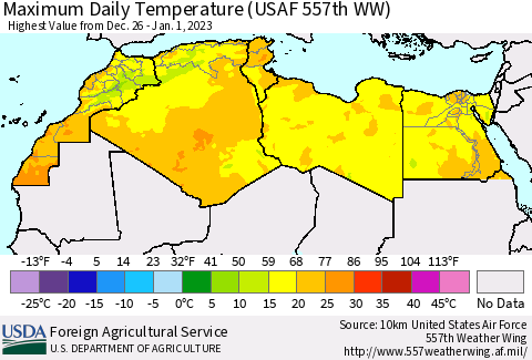 North Africa Maximum Daily Temperature (USAF 557th WW) Thematic Map For 12/26/2022 - 1/1/2023