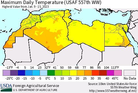 North Africa Maximum Daily Temperature (USAF 557th WW) Thematic Map For 1/9/2023 - 1/15/2023