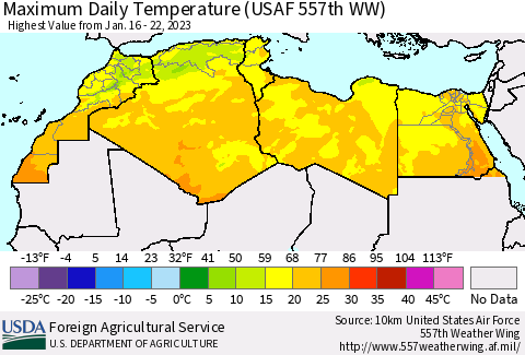 North Africa Maximum Daily Temperature (USAF 557th WW) Thematic Map For 1/16/2023 - 1/22/2023