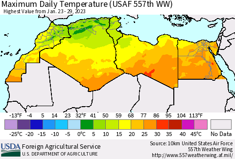 North Africa Maximum Daily Temperature (USAF 557th WW) Thematic Map For 1/23/2023 - 1/29/2023