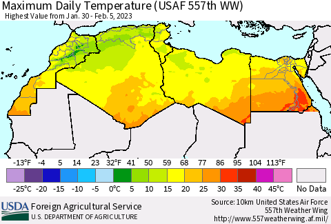 North Africa Maximum Daily Temperature (USAF 557th WW) Thematic Map For 1/30/2023 - 2/5/2023