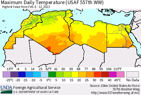 North Africa Maximum Daily Temperature (USAF 557th WW) Thematic Map For 2/6/2023 - 2/12/2023