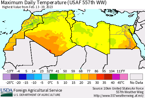 North Africa Maximum Daily Temperature (USAF 557th WW) Thematic Map For 2/13/2023 - 2/19/2023