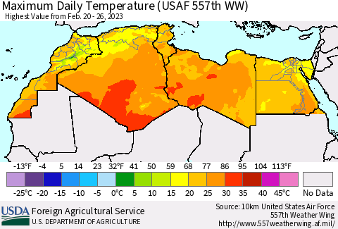 North Africa Maximum Daily Temperature (USAF 557th WW) Thematic Map For 2/20/2023 - 2/26/2023