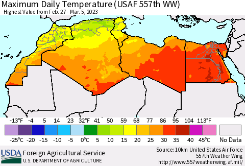 North Africa Maximum Daily Temperature (USAF 557th WW) Thematic Map For 2/27/2023 - 3/5/2023