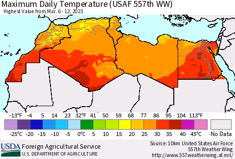 North Africa Maximum Daily Temperature (USAF 557th WW) Thematic Map For 3/6/2023 - 3/12/2023