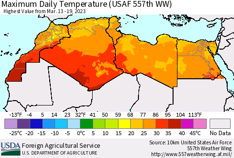North Africa Maximum Daily Temperature (USAF 557th WW) Thematic Map For 3/13/2023 - 3/19/2023