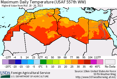 North Africa Maximum Daily Temperature (USAF 557th WW) Thematic Map For 3/20/2023 - 3/26/2023