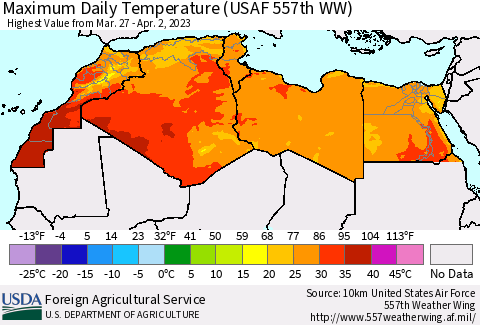 North Africa Maximum Daily Temperature (USAF 557th WW) Thematic Map For 3/27/2023 - 4/2/2023