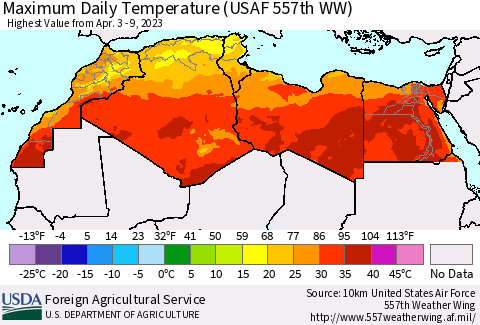 North Africa Maximum Daily Temperature (USAF 557th WW) Thematic Map For 4/3/2023 - 4/9/2023