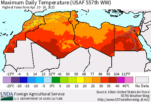 North Africa Maximum Daily Temperature (USAF 557th WW) Thematic Map For 4/10/2023 - 4/16/2023