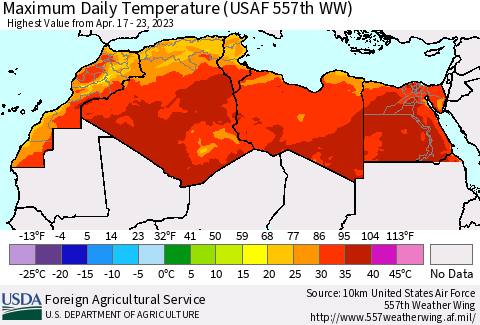 North Africa Maximum Daily Temperature (USAF 557th WW) Thematic Map For 4/17/2023 - 4/23/2023