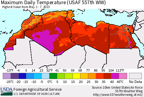 North Africa Maximum Daily Temperature (USAF 557th WW) Thematic Map For 5/1/2023 - 5/7/2023