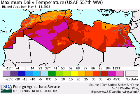 North Africa Maximum Daily Temperature (USAF 557th WW) Thematic Map For 5/8/2023 - 5/14/2023