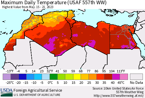 North Africa Maximum Daily Temperature (USAF 557th WW) Thematic Map For 5/15/2023 - 5/21/2023
