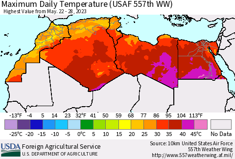North Africa Maximum Daily Temperature (USAF 557th WW) Thematic Map For 5/22/2023 - 5/28/2023