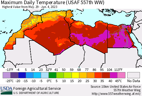 North Africa Maximum Daily Temperature (USAF 557th WW) Thematic Map For 5/29/2023 - 6/4/2023