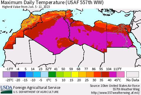North Africa Maximum Daily Temperature (USAF 557th WW) Thematic Map For 6/5/2023 - 6/11/2023
