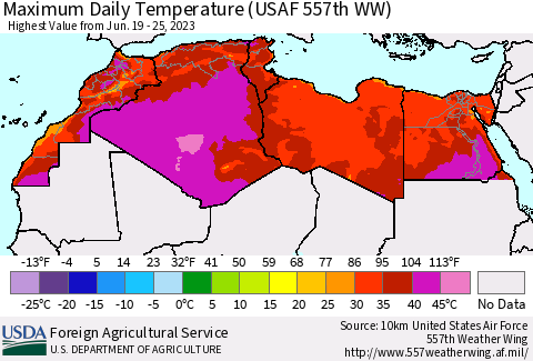 North Africa Maximum Daily Temperature (USAF 557th WW) Thematic Map For 6/19/2023 - 6/25/2023