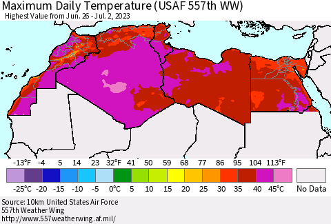 North Africa Maximum Daily Temperature (USAF 557th WW) Thematic Map For 6/26/2023 - 7/2/2023