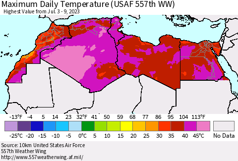 North Africa Maximum Daily Temperature (USAF 557th WW) Thematic Map For 7/3/2023 - 7/9/2023