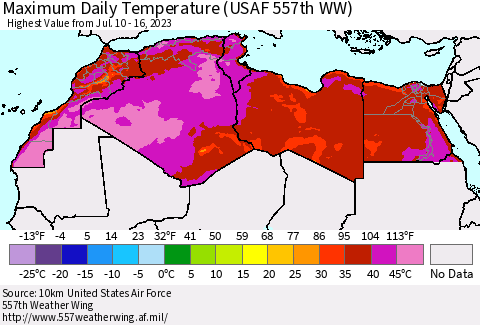 North Africa Maximum Daily Temperature (USAF 557th WW) Thematic Map For 7/10/2023 - 7/16/2023