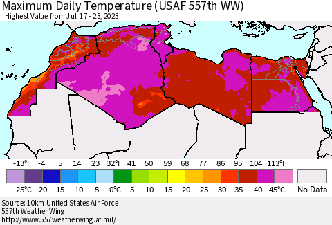 North Africa Maximum Daily Temperature (USAF 557th WW) Thematic Map For 7/17/2023 - 7/23/2023