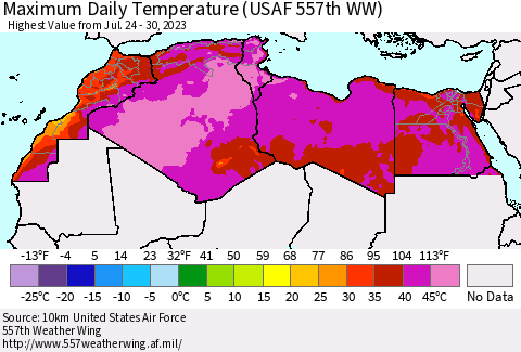 North Africa Maximum Daily Temperature (USAF 557th WW) Thematic Map For 7/24/2023 - 7/30/2023