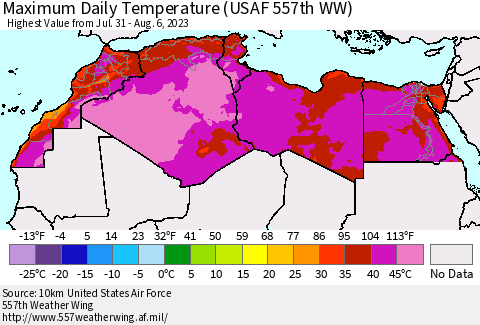 North Africa Maximum Daily Temperature (USAF 557th WW) Thematic Map For 7/31/2023 - 8/6/2023