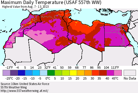 North Africa Maximum Daily Temperature (USAF 557th WW) Thematic Map For 8/7/2023 - 8/13/2023